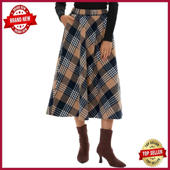 Women's Long Plaid Wool Skirt High Waisted A-Line Pleated with Pockets - Picture 1 of 8